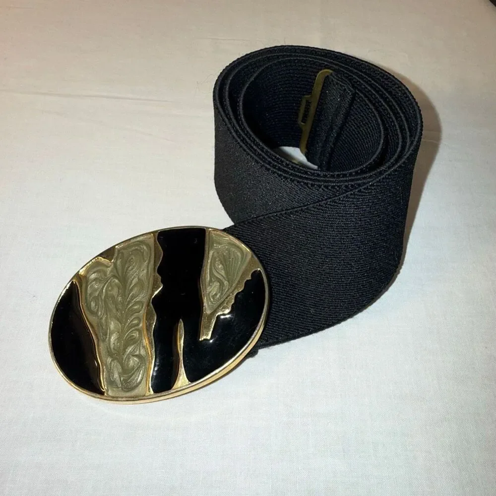 Vintage Nan Lewis Black & Gold Sculptural Enamel Buckle Belt | 1980s Modernist S